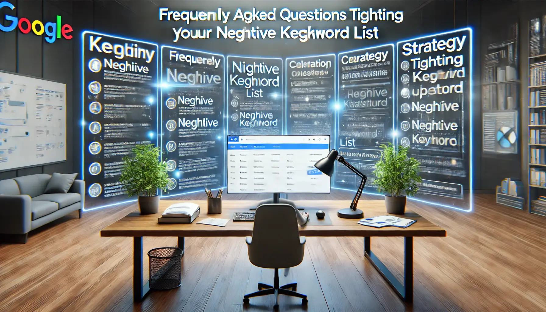 Digital workspace showing a question-and-answer interface related to optimizing negative keyword strategies, with tools for refining keywords.