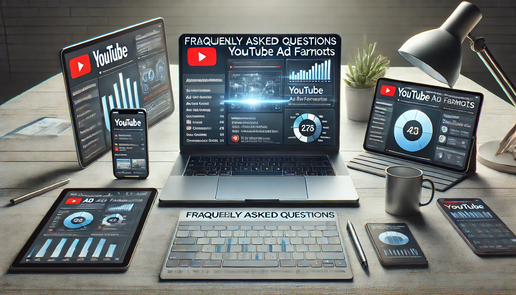 Laptop screen displaying YouTube ad campaign dashboard in a digital marketing workspace with additional devices showing analytics and insights.