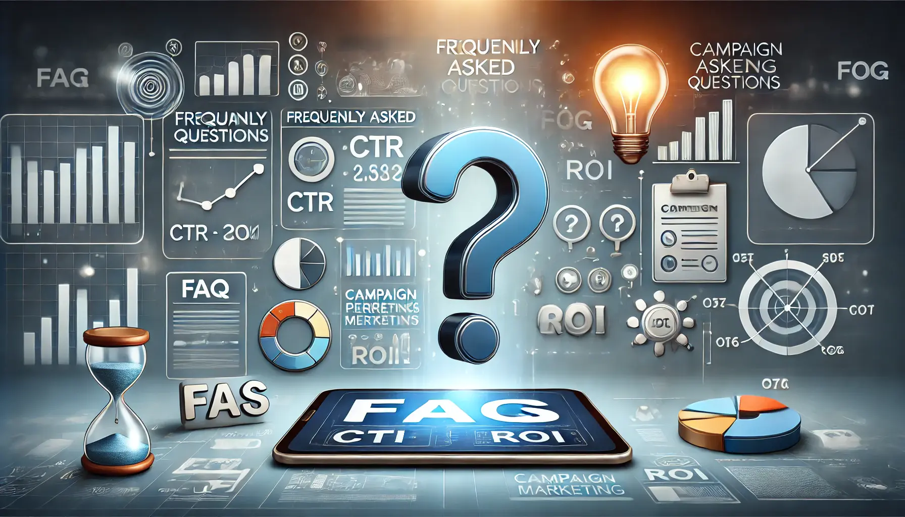 An illustrative image depicting frequently asked questions in campaign performance metrics analysis, featuring question marks and analytics.