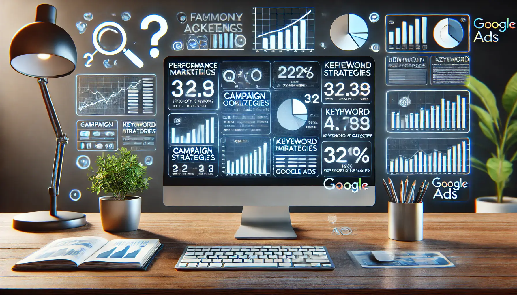 A digital marketing workspace showing performance metrics and graphs on a Google Ads dashboard, with icons symbolizing common questions and answers about campaign optimization.