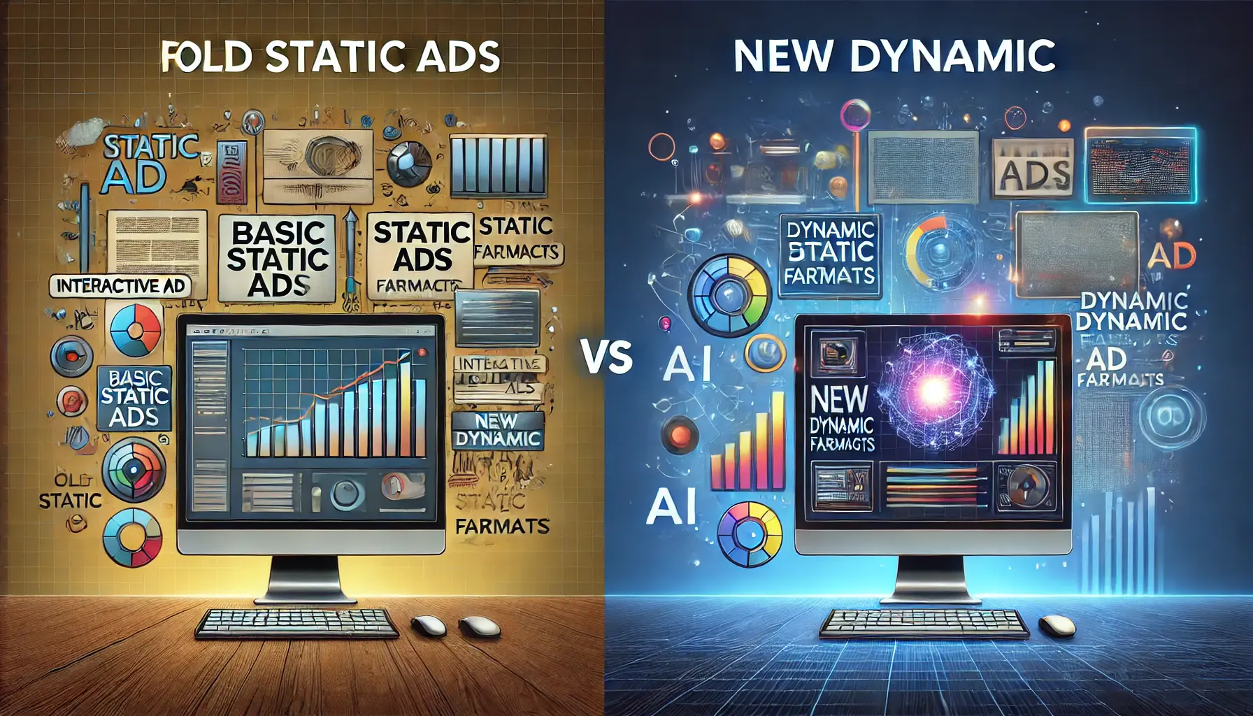 A comparison showing the transition from a static ad on one side to a dynamic, interactive ad format on the other, representing the evolution of digital advertising.