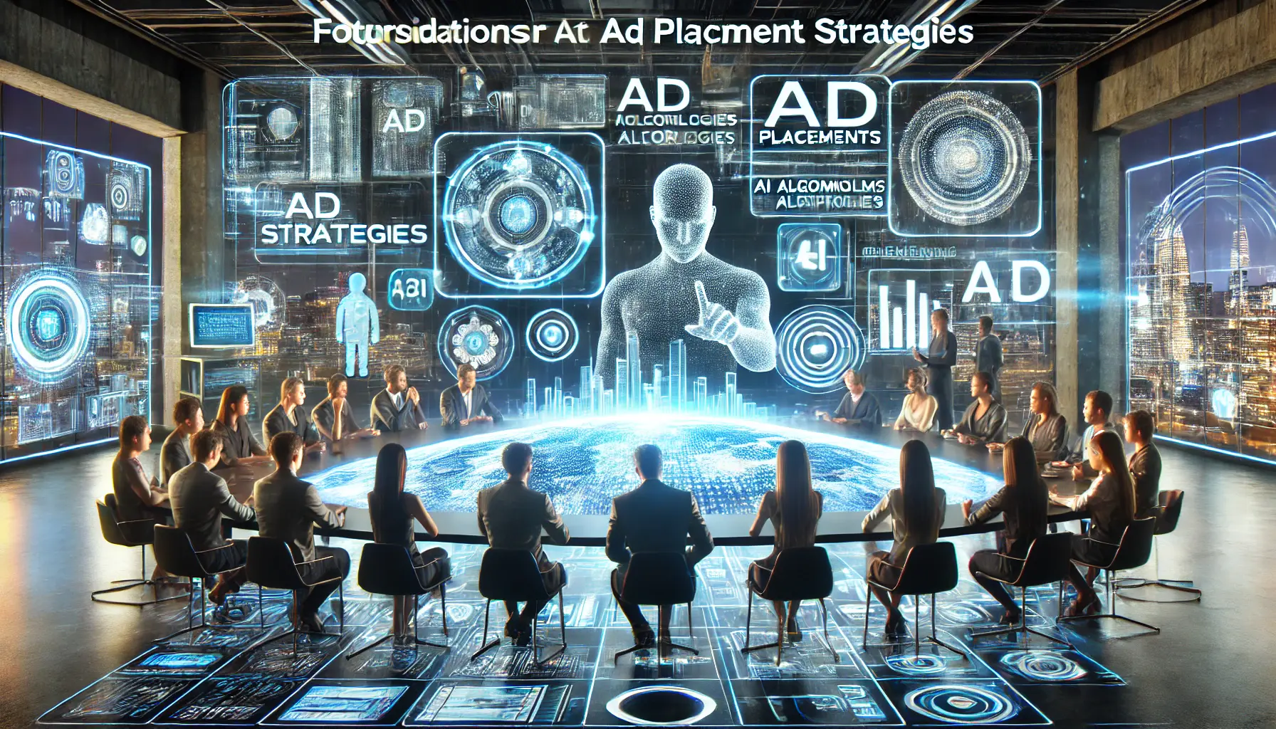 Diverse team of marketers brainstorming future ad placement strategies with futuristic digital devices.