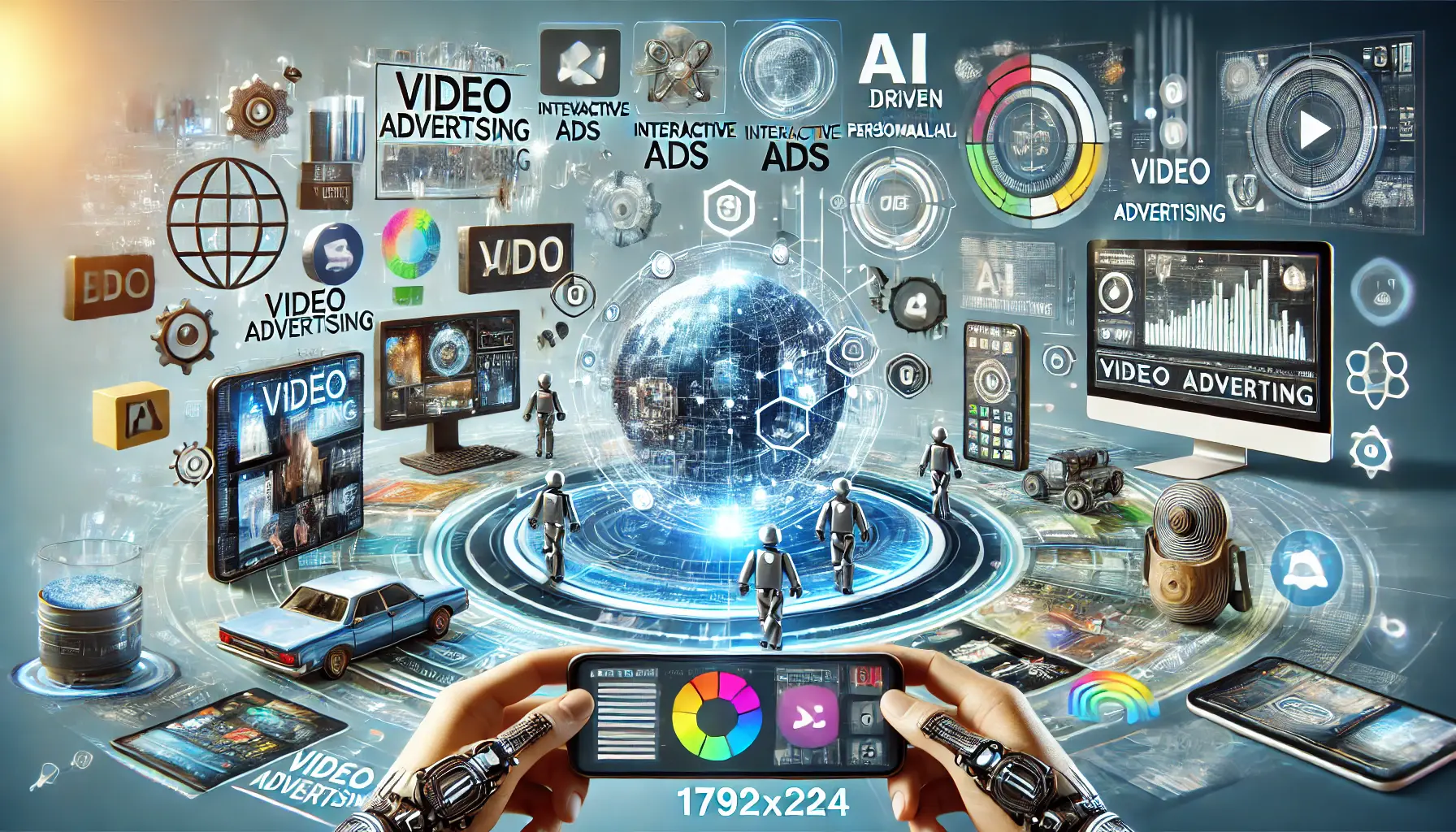 A digital scene showcasing advanced video advertising technologies such as interactive ads, AI-driven personalization, and immersive AR/VR elements.