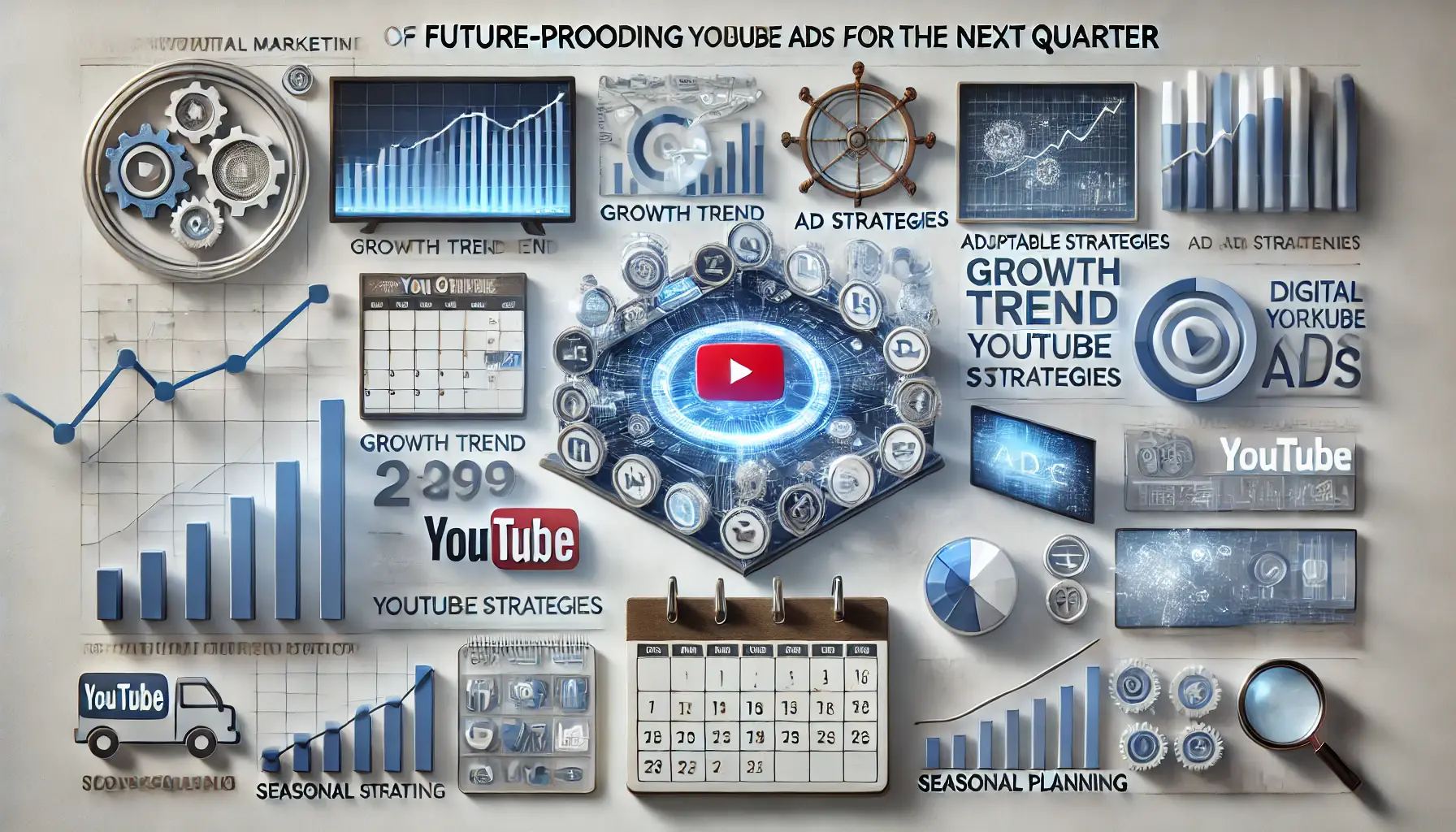 Image showing a digital marketing dashboard with growth trend projections and seasonal planning icons for future-proofing YouTube ads.