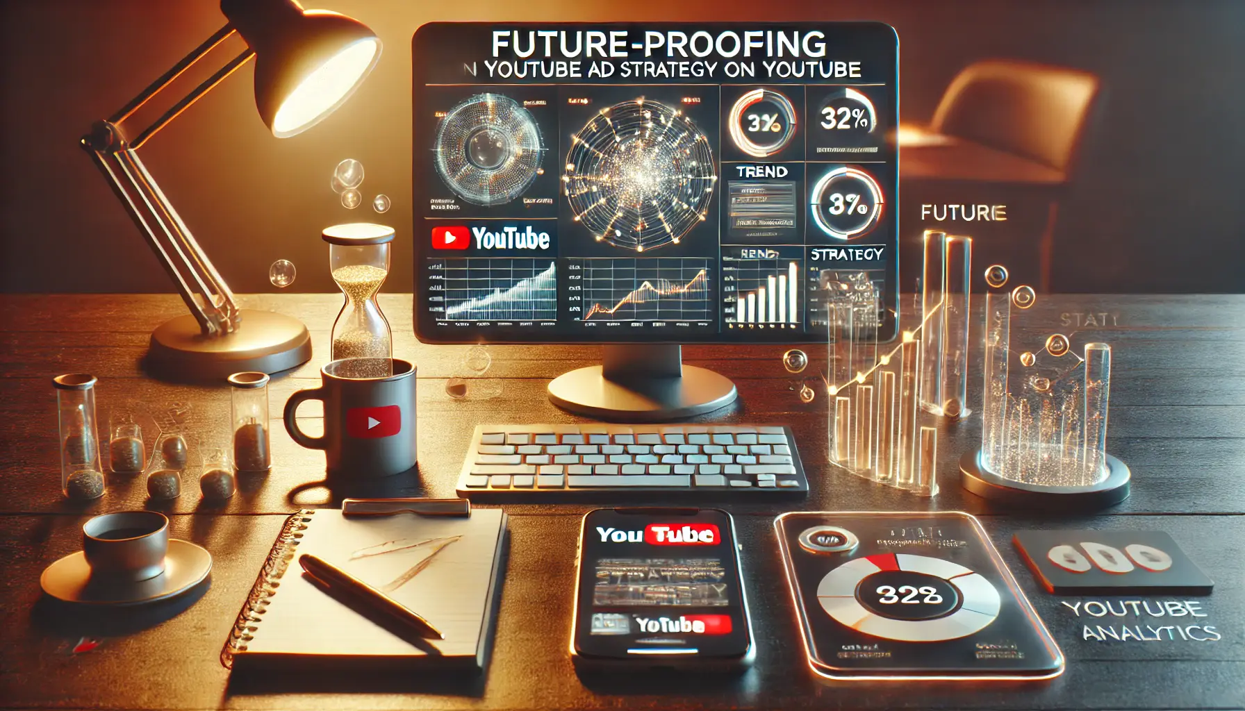 A realistic image of a workspace with a computer displaying YouTube analytics with trend projections, symbolizing future-proofing ad strategies on YouTube.