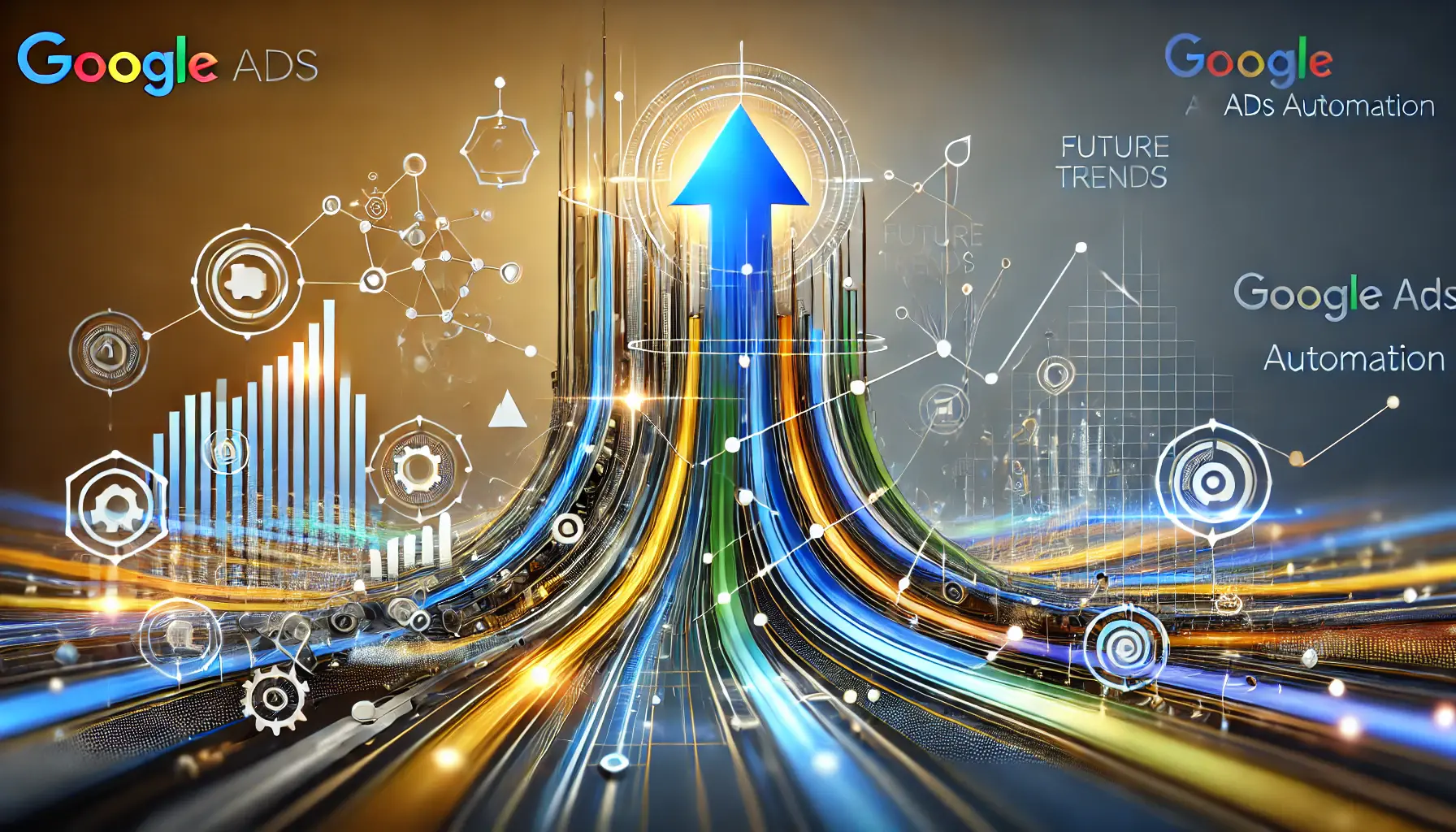 Abstract representation of future trends in Google Ads automation with futuristic technology, upward arrows, and interconnected nodes symbolizing innovation