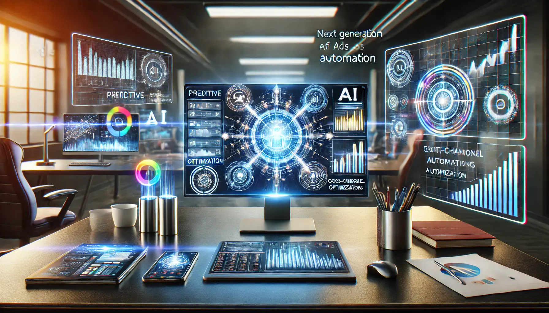 A futuristic workspace displaying advanced AI tools, predictive algorithms, and machine learning, representing future trends in Google Ads automation.