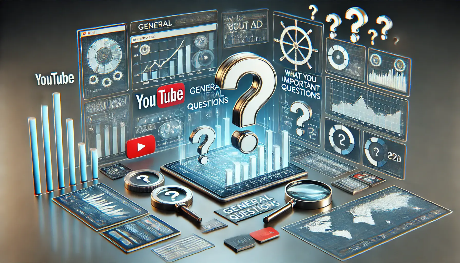 An illustration of general questions about YouTube ads analytics tools, featuring analytics dashboards, question marks, and data exploration elements.