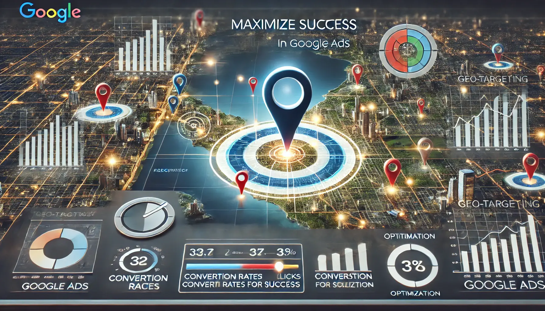 A digital map with highlighted regions, performance metrics, and optimization tools, representing strategies to maximize success in geo-targeting