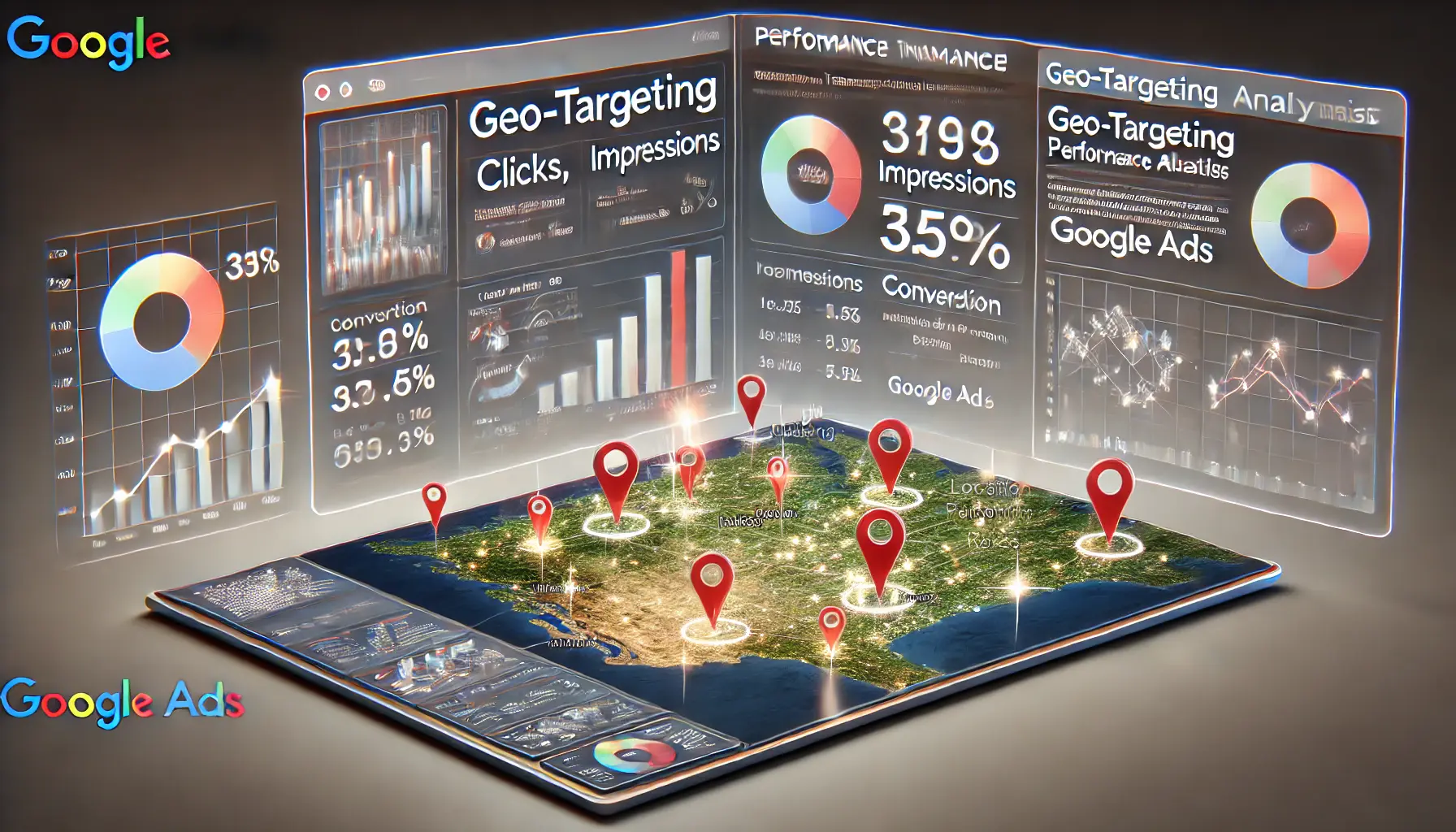 A digital dashboard displaying geo-targeting metrics like clicks, impressions, and conversion rates on a map with highlighted regions