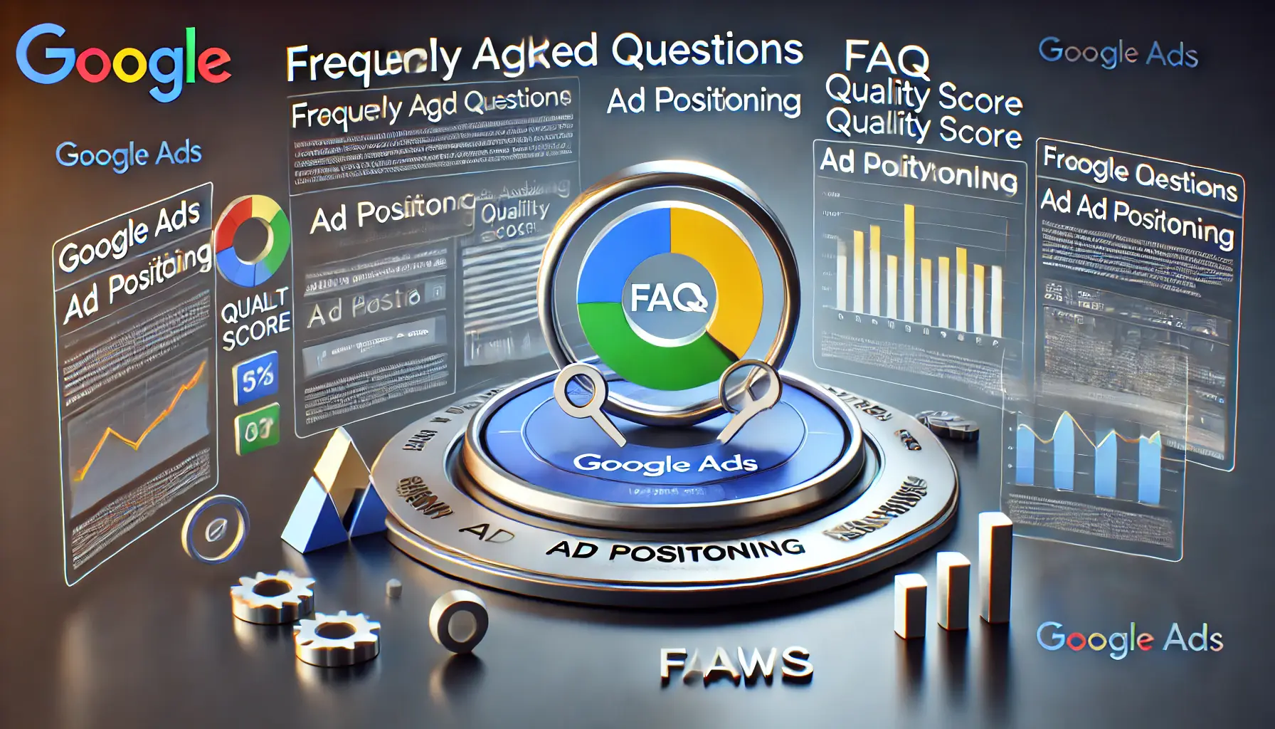 A Google Ads dashboard displaying metrics like ad positioning, quality score, and click-through rates, surrounded by abstract symbols representing inquiry, answers, and optimization.