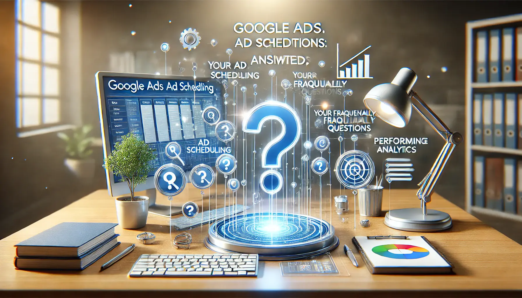 A digital marketing dashboard showing question and answer icons, ad scheduling tools, and performance analytics to address frequently asked questions about Google Ads ad scheduling.