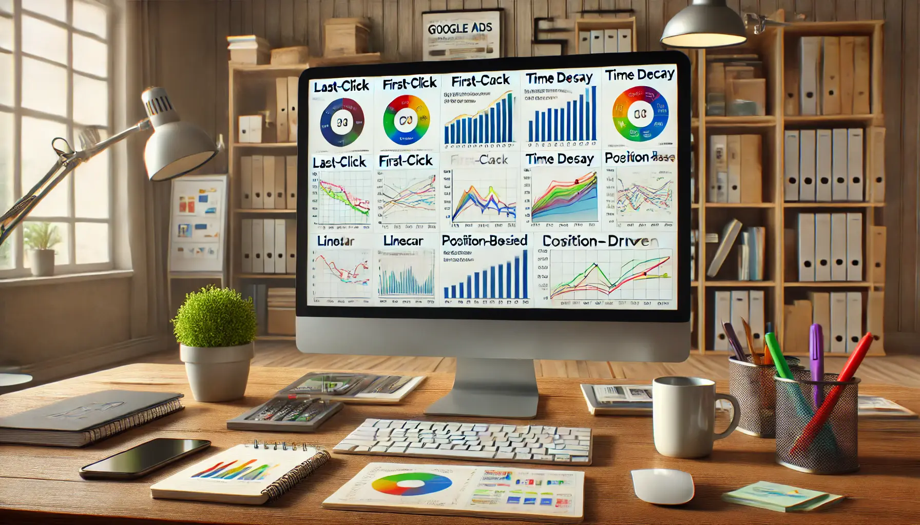 Digital marketing workspace displaying Google Ads attribution models on a monitor with graphs and flow diagrams showing different model types.