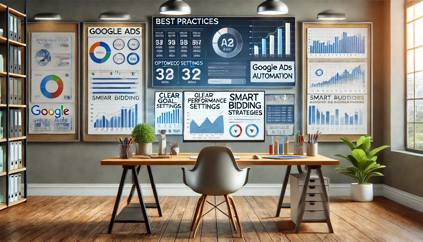 A modern workspace displaying optimized performance metrics, smart bidding strategies, and automated ad creation tools reflecting Google Ads automation best practices.