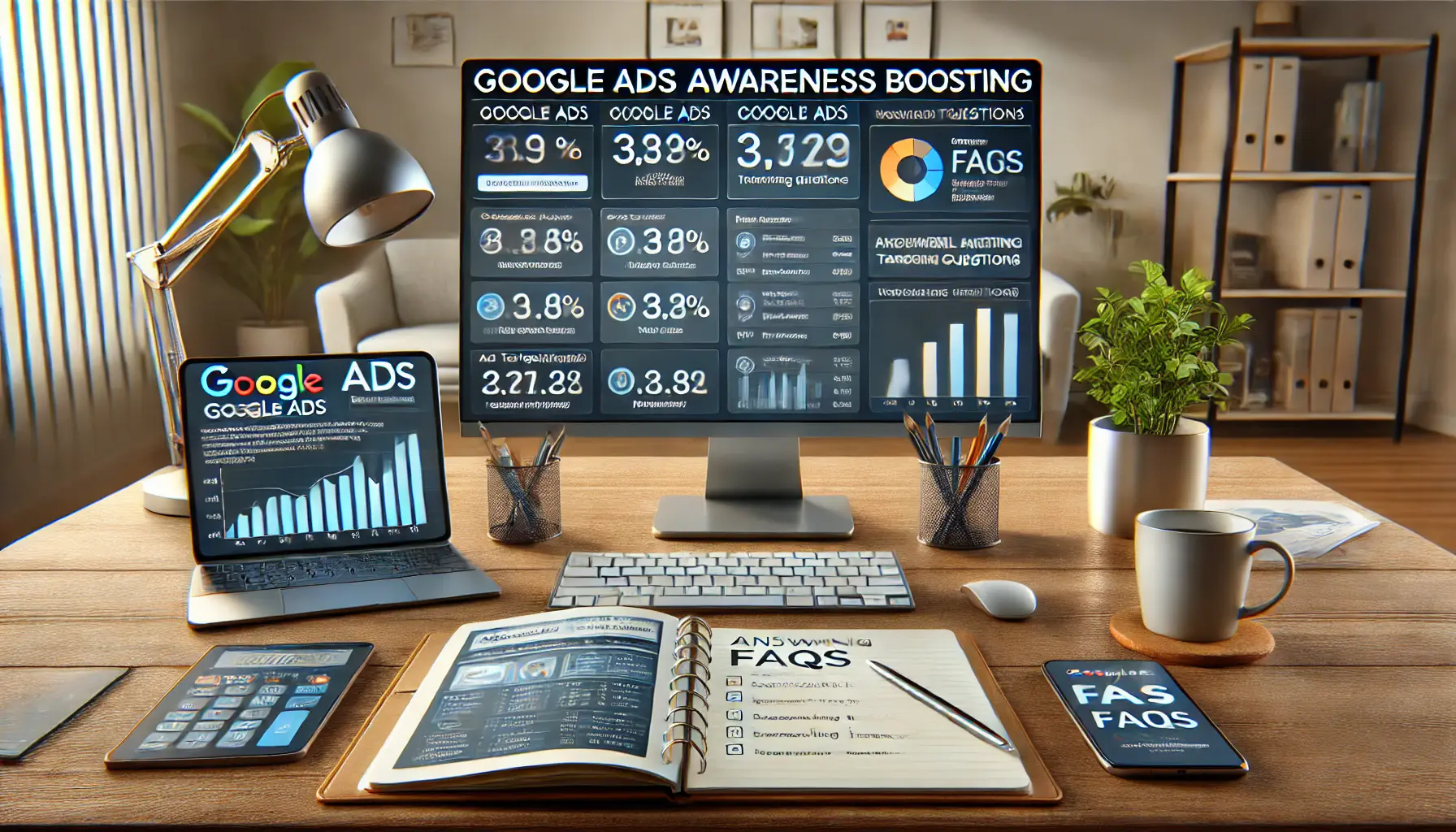 Digital marketing workspace with a computer showing Google Ads campaign data, a tablet displaying ad strategies, and a notebook with a checklist of common questions.