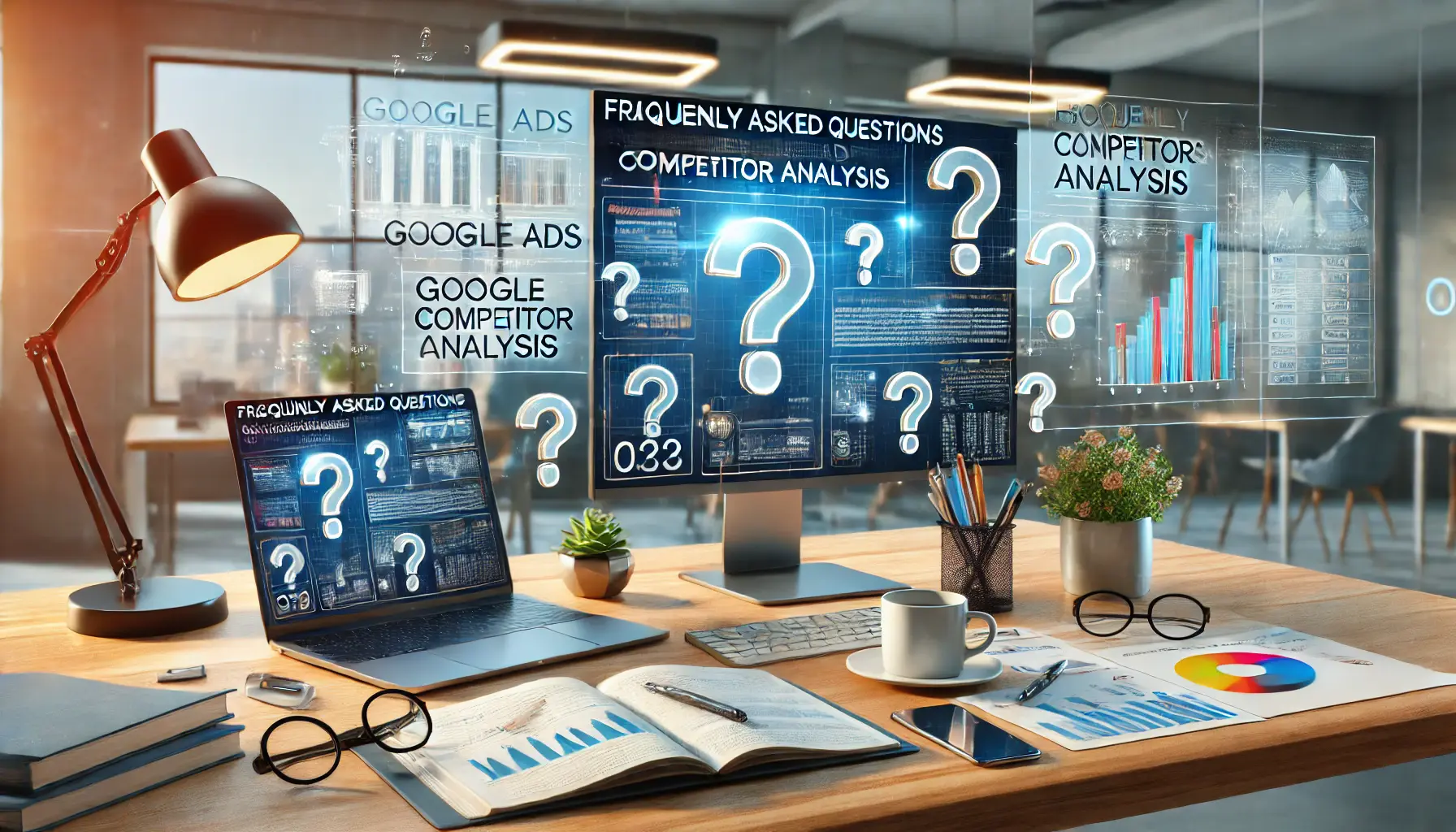 A comprehensive digital marketing workspace showcasing the theme of frequently asked questions about competitor analysis.