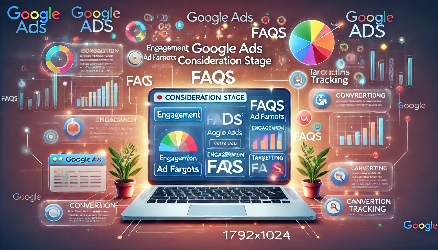 Digital marketing scene with a laptop displaying a Google Ads dashboard with various metrics and key elements related to the consideration stage, surrounded by visuals representing FAQs on engagement, ad formats, targeting, and conversion tracking.