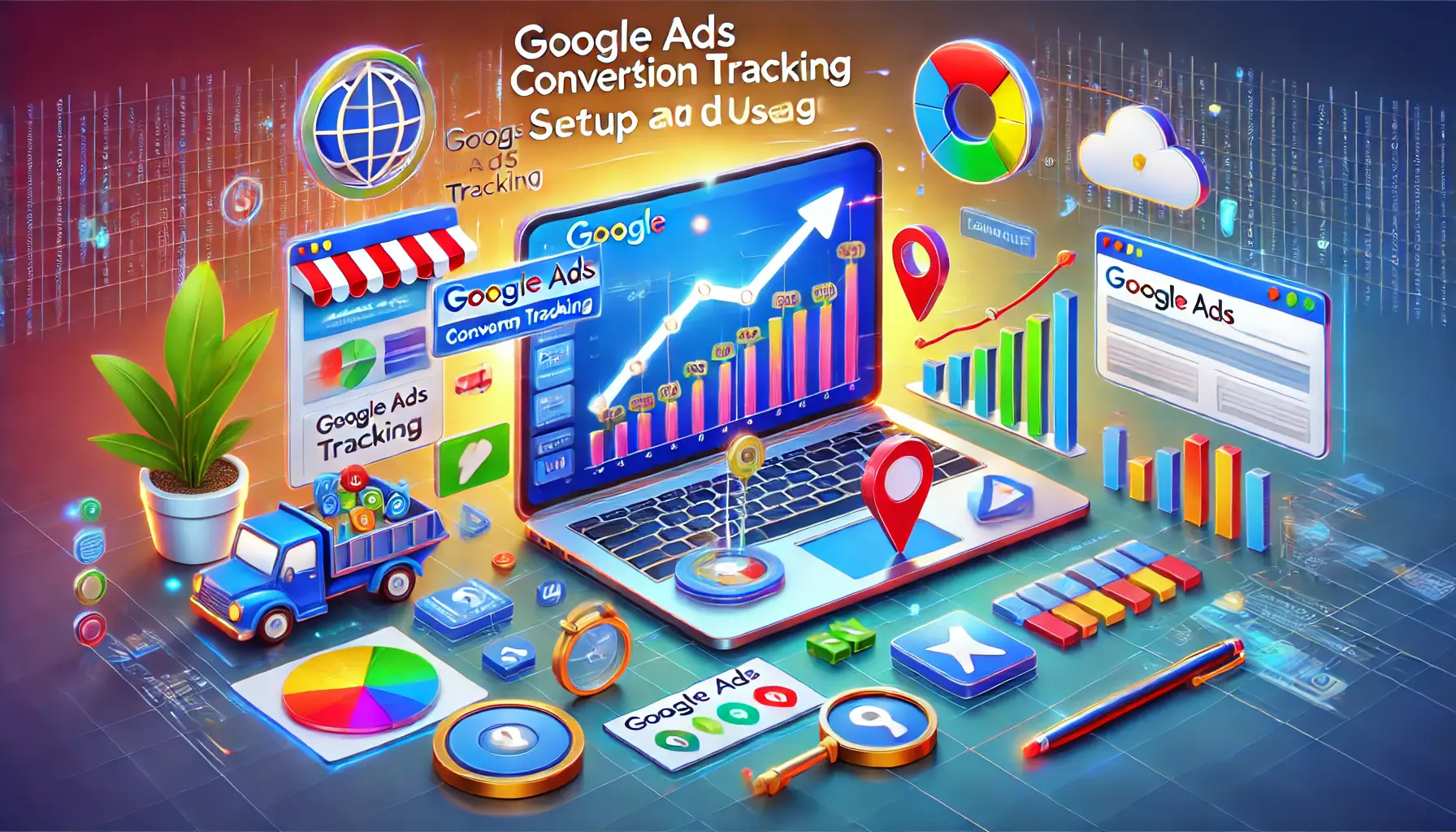 An illustration showing the setup and usage of Google Ads conversion tracking.