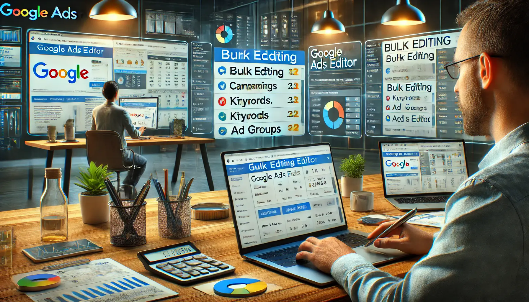 A digital marketing workspace with a professional using Google Ads Editor for bulk editing campaigns, keywords, and ad groups, with real-time performance metrics displayed on additional screens.