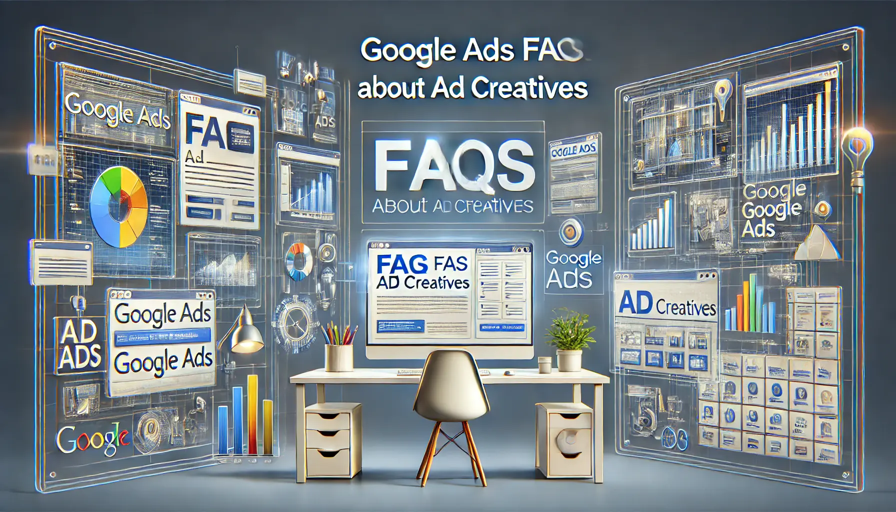 A modern workspace with multiple digital screens showing ad formats, design elements, and Google Ads performance metrics, representing frequently asked questions about ad creatives in Google Ads.