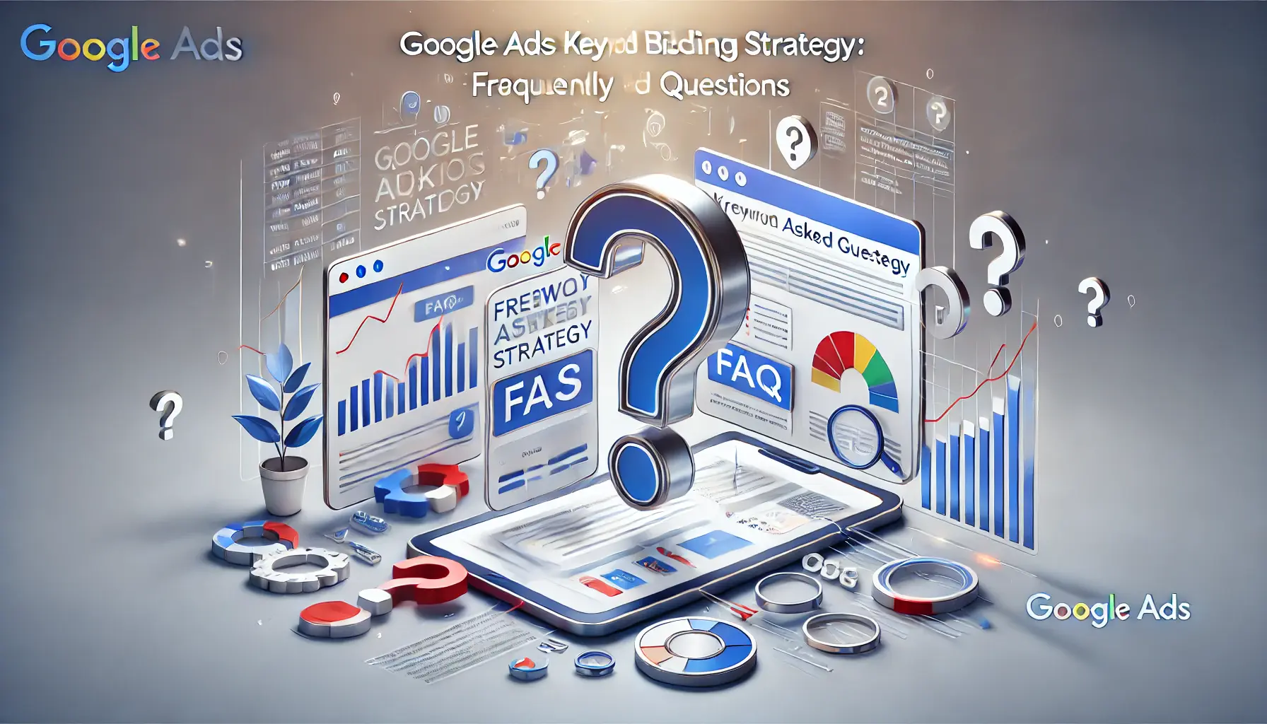 Visual representation of frequently asked questions (FAQs) about Google Ads keyword bidding, featuring question marks and a digital interface with key data or charts.