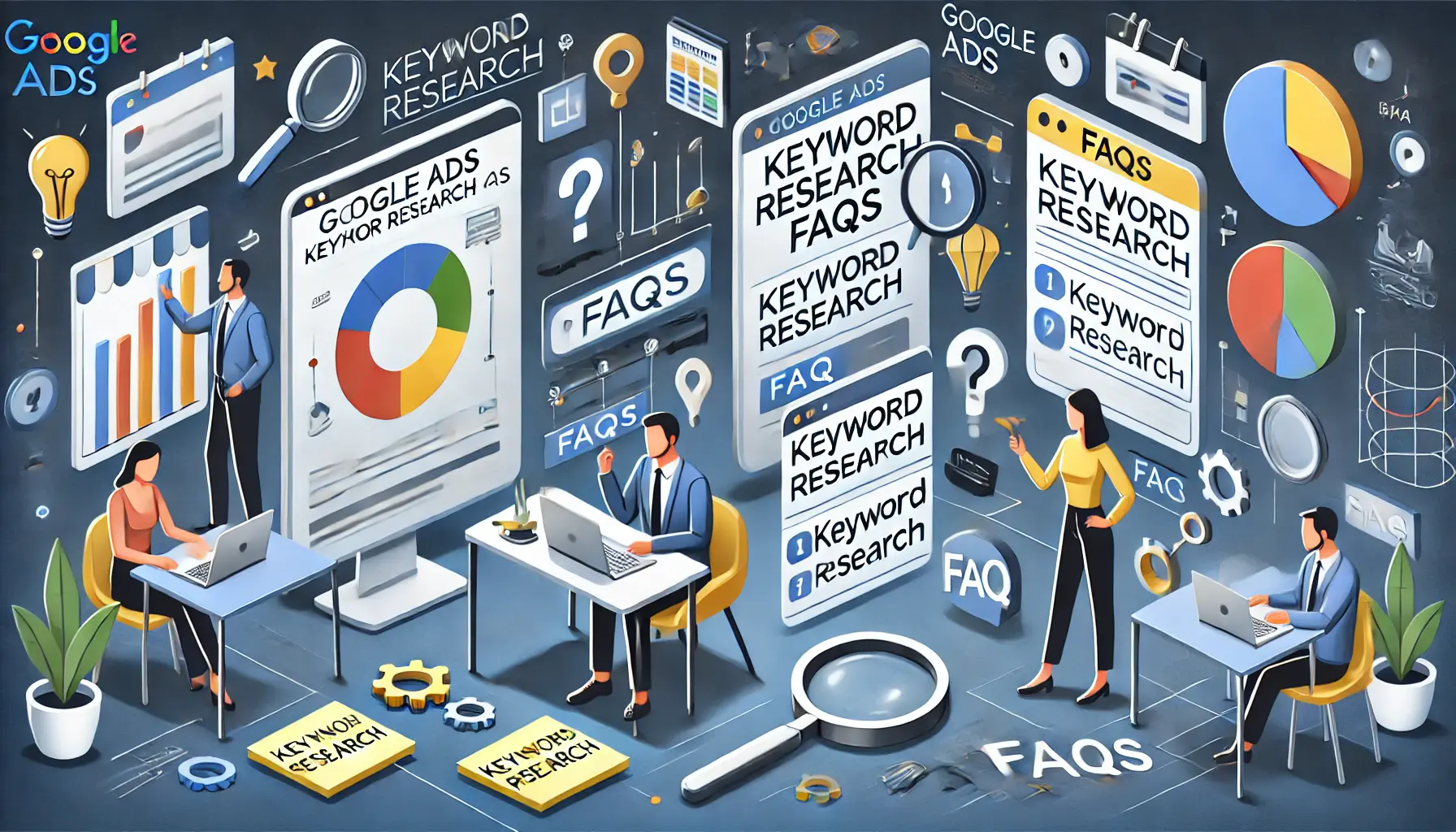 A visual representation of Google Ads Keyword Research FAQs, showing a person engaged in a discussion.