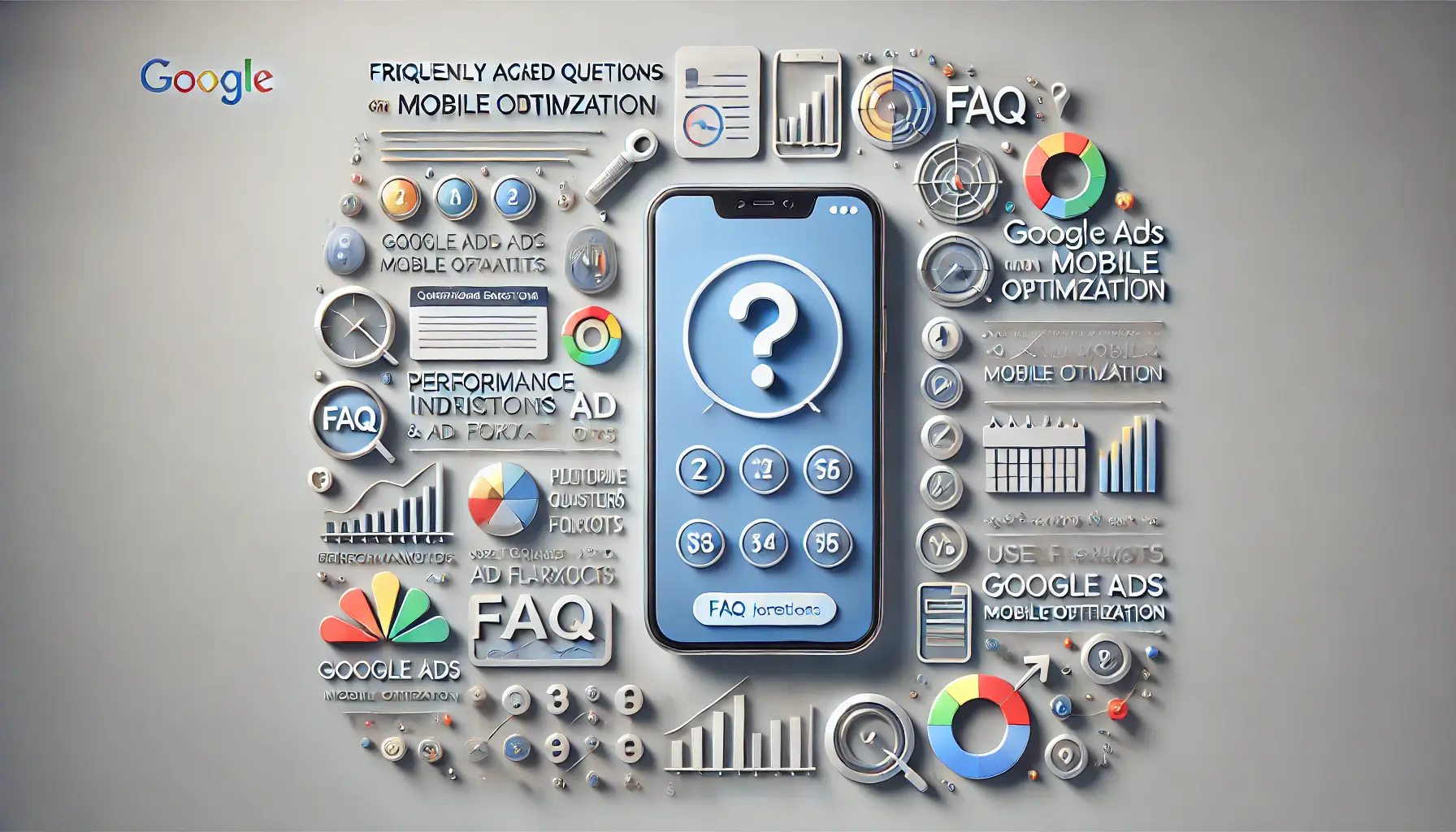 Smartphone displaying icons and visual elements related to mobile optimization FAQs, such as performance indicators and user interaction metrics