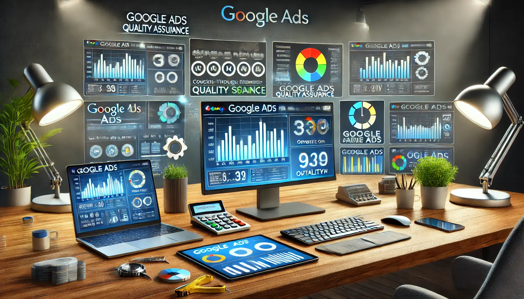 A digital marketing workspace with multiple screens displaying performance tracking dashboards, audit tools, and optimization software for Google Ads.