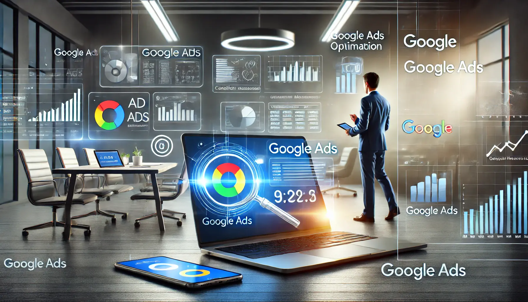 A professional digital marketing scene focusing on Google Ads optimization with a person managing campaign settings and analytics in a modern office environment.