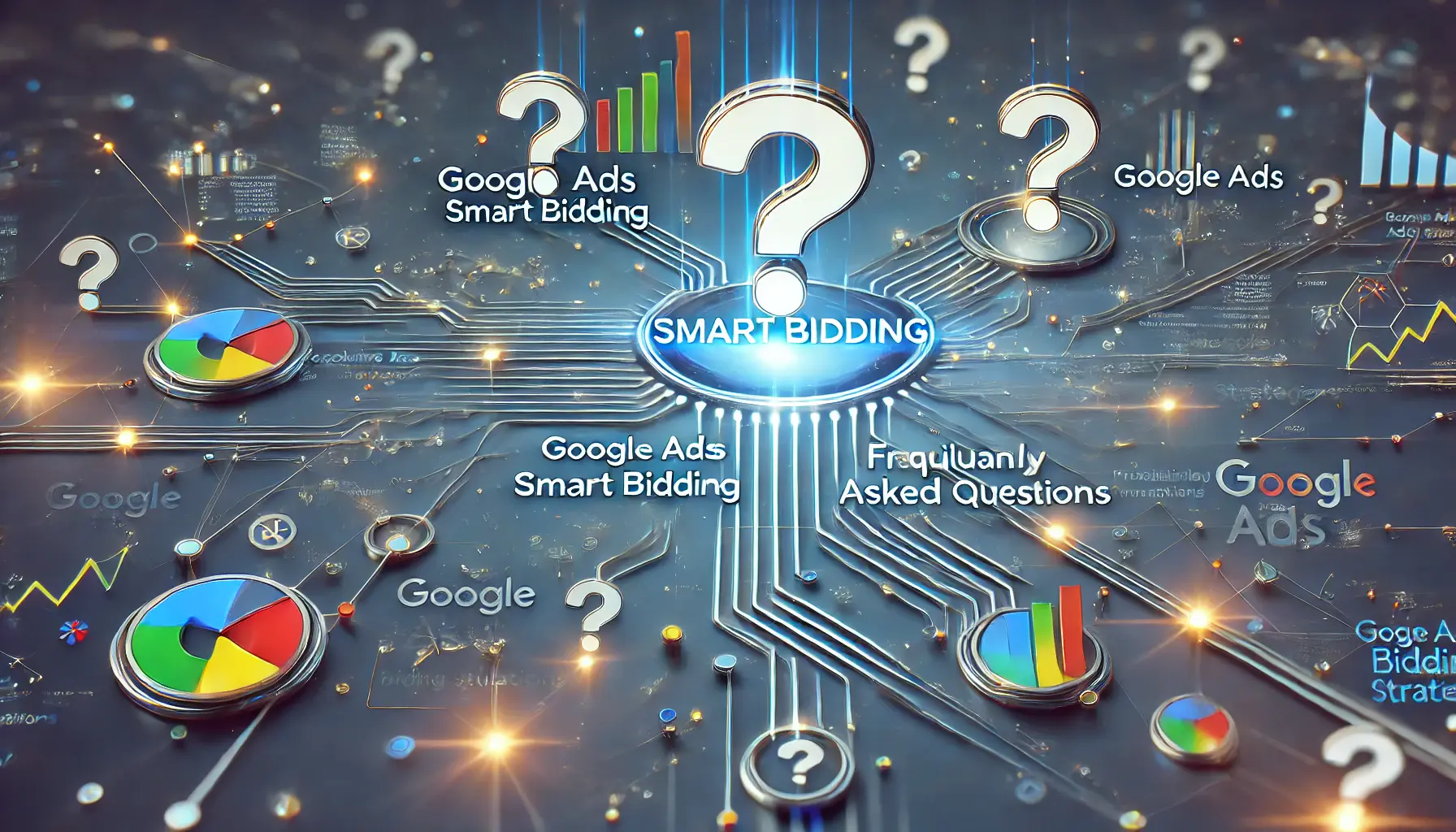 A visual representation of connected pathways, data flows, and question marks symbolizing inquiries and automated solutions in Google Ads Smart Bidding.