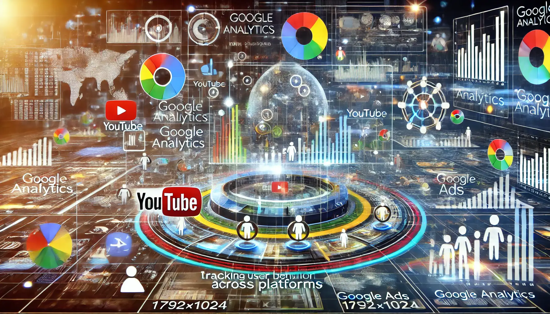 An illustration of Google Analytics tracking user behavior across multiple platforms, featuring interconnected data streams and graphs with YouTube and Google Ads color accents.