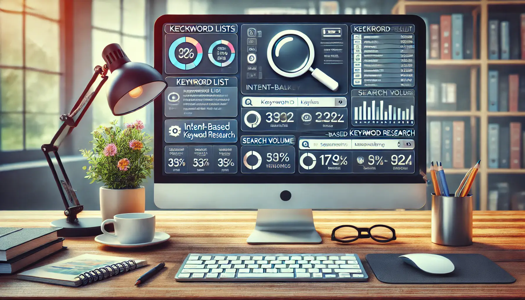 Workspace with computer showing a keyword research dashboard, focusing on intent-based keyword planning.