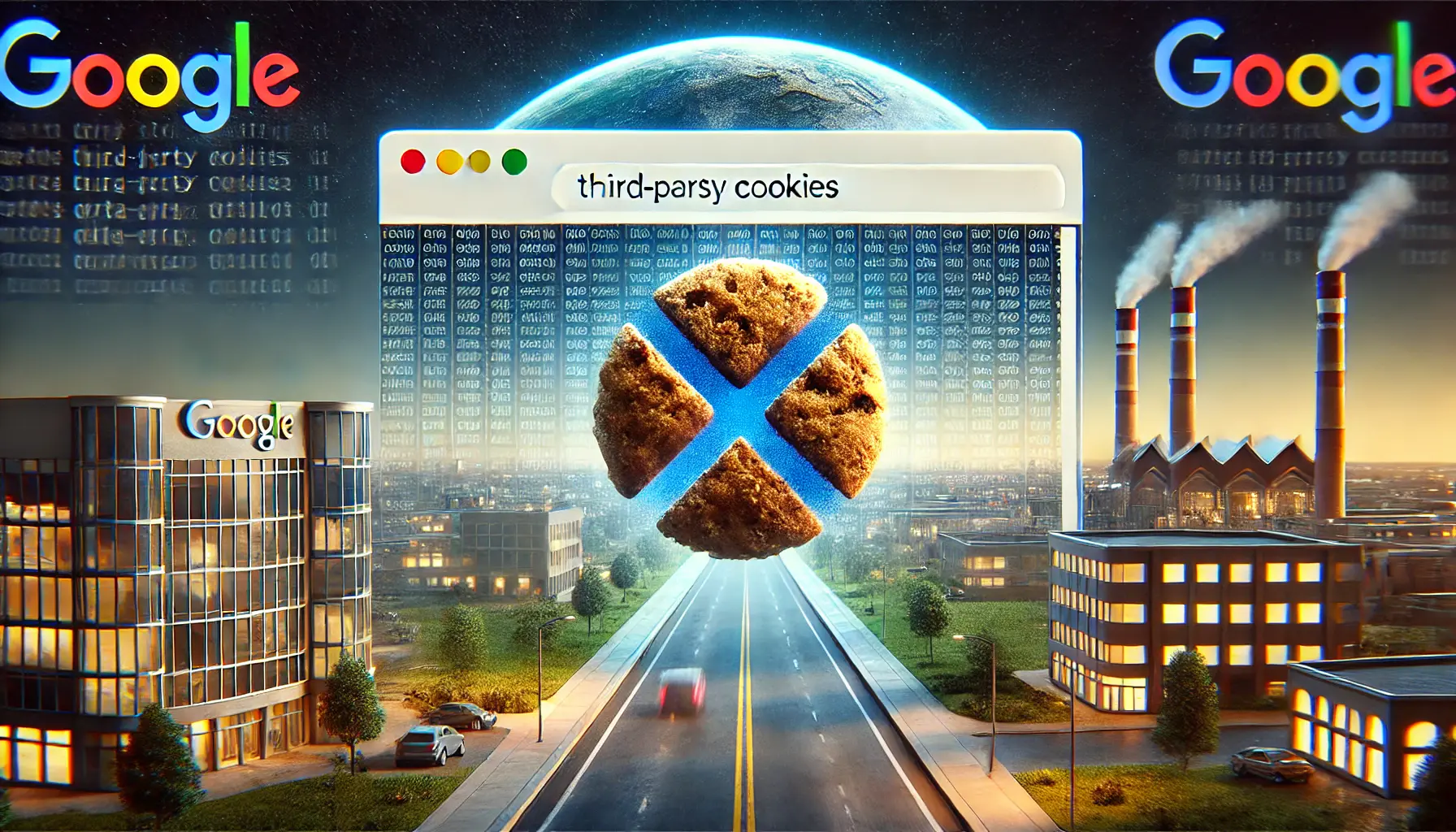 A visual metaphor of third-party cookies being phased out, with modern privacy-focused tools in a digital marketing landscape.