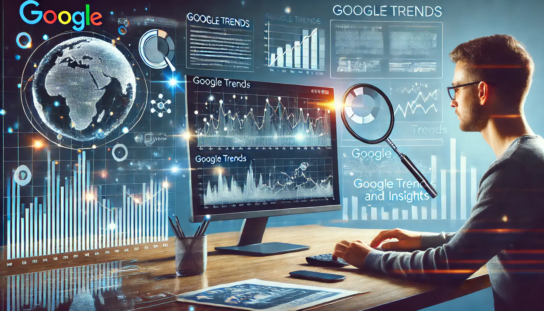 A visual representation of Google Trends and Insights, showing a person analyzing data on a computer.