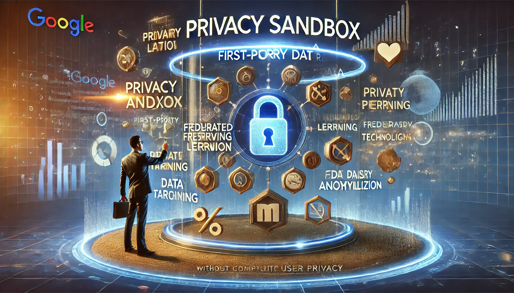 A marketer interacting with a privacy-centric interface, representing Google's Privacy Sandbox and its privacy-preserving technologies like data anonymization.