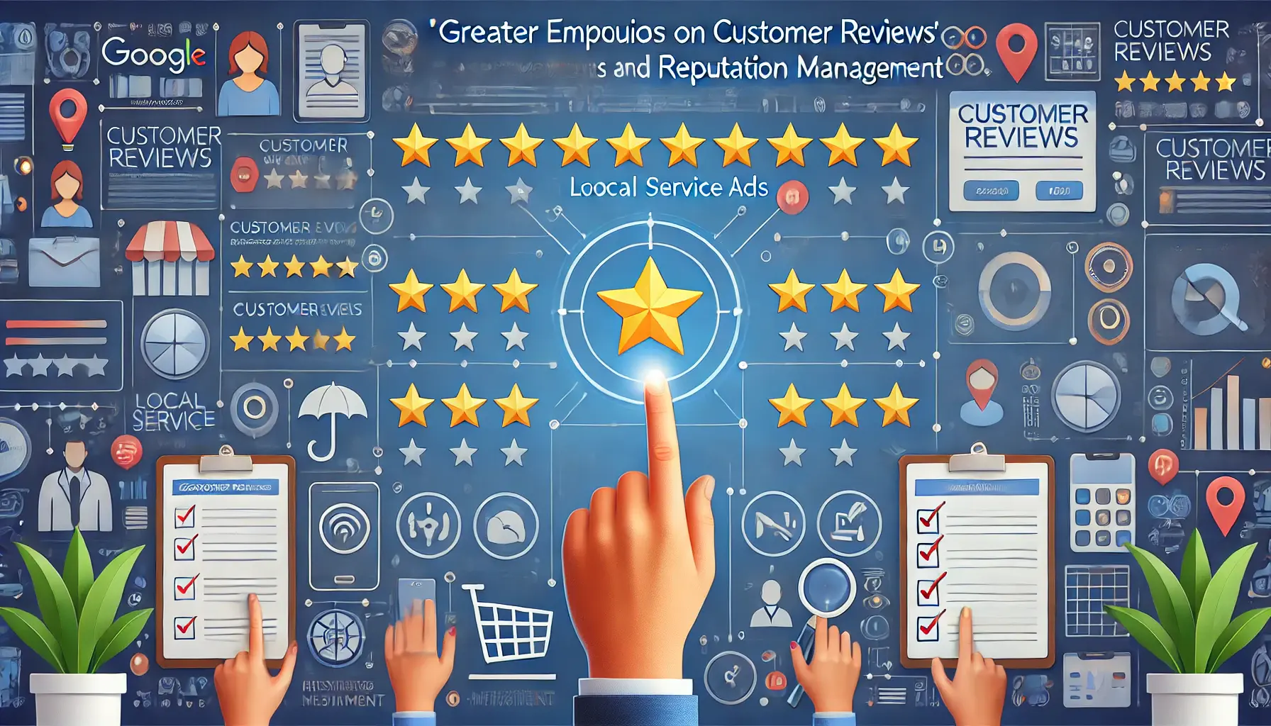 An image showing customer reviews, star ratings, and a business dashboard for managing reputation, with interactive elements like hands or interfaces working with review management tools.