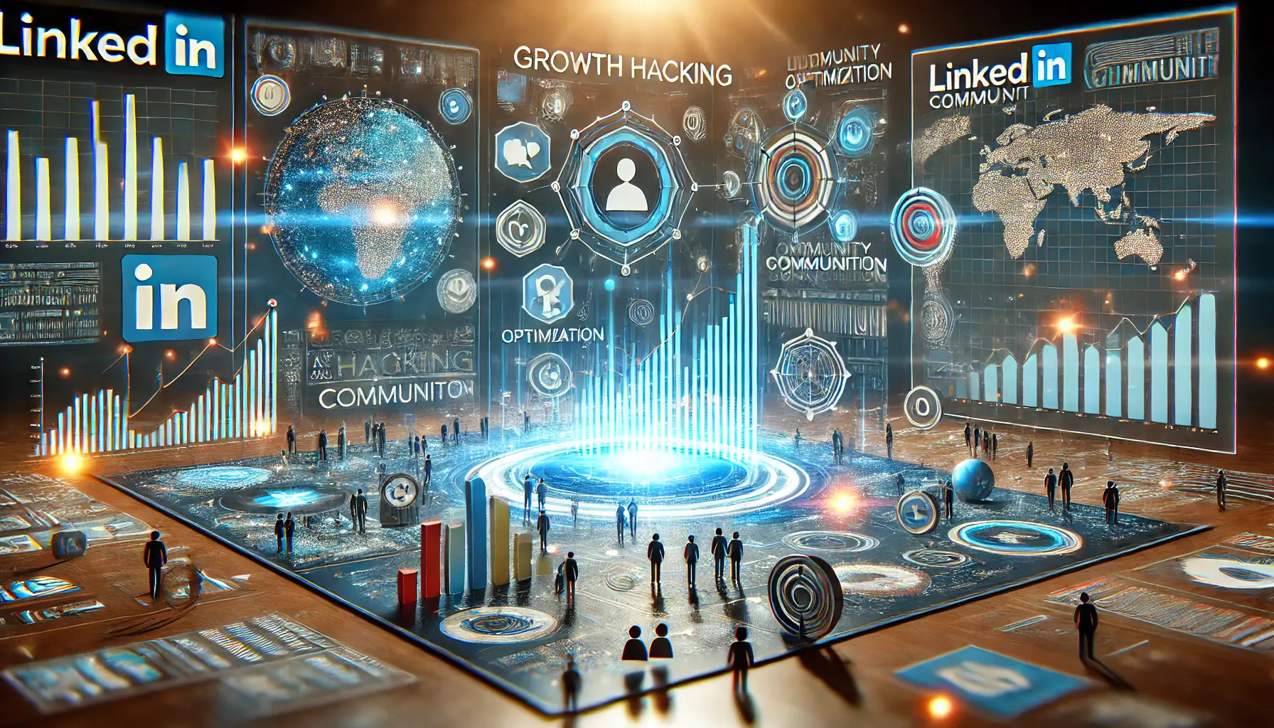 A digital environment where data analysis and optimization strategies are applied to community growth, symbolized by graphs, metrics, and digital tools.