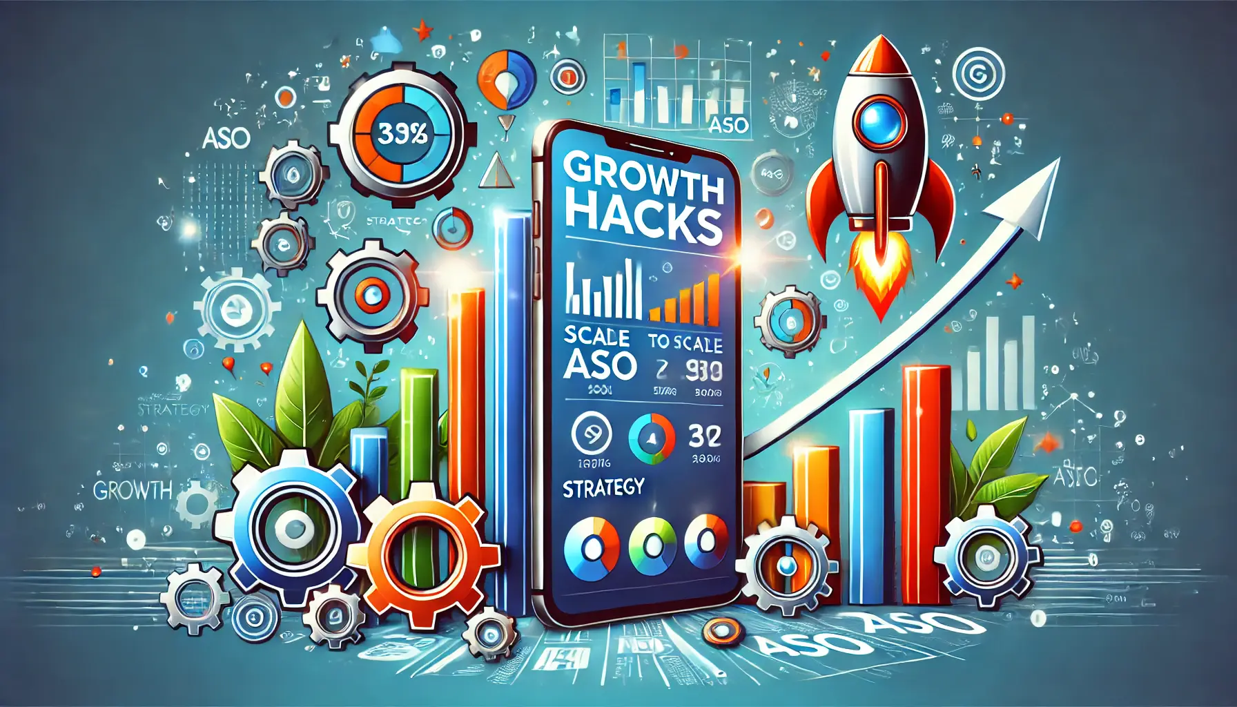 Illustration representing growth hacks to scale ASO efforts, featuring a mobile device with app analytics and growth metrics, surrounded by gears, rockets, and upward arrows.