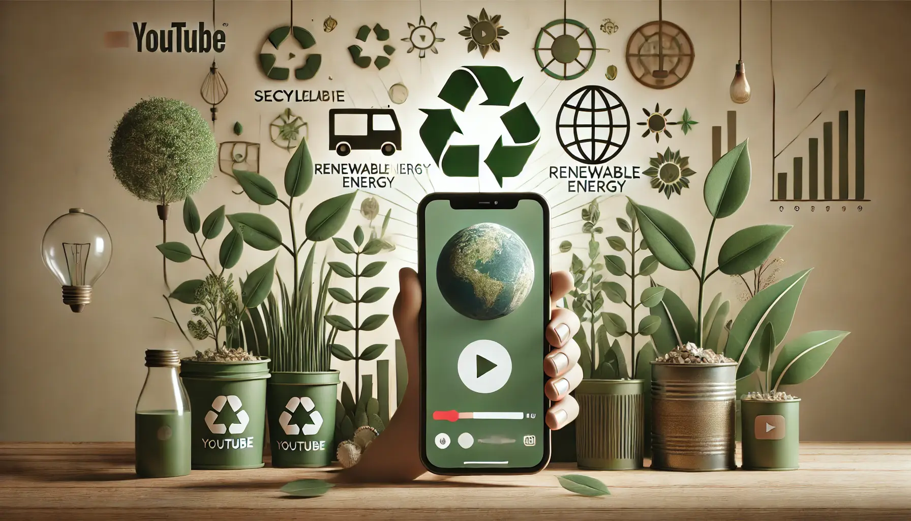 Smartphone showing a sustainability-focused video with eco-friendly icons like recycling, green leaves, and a globe