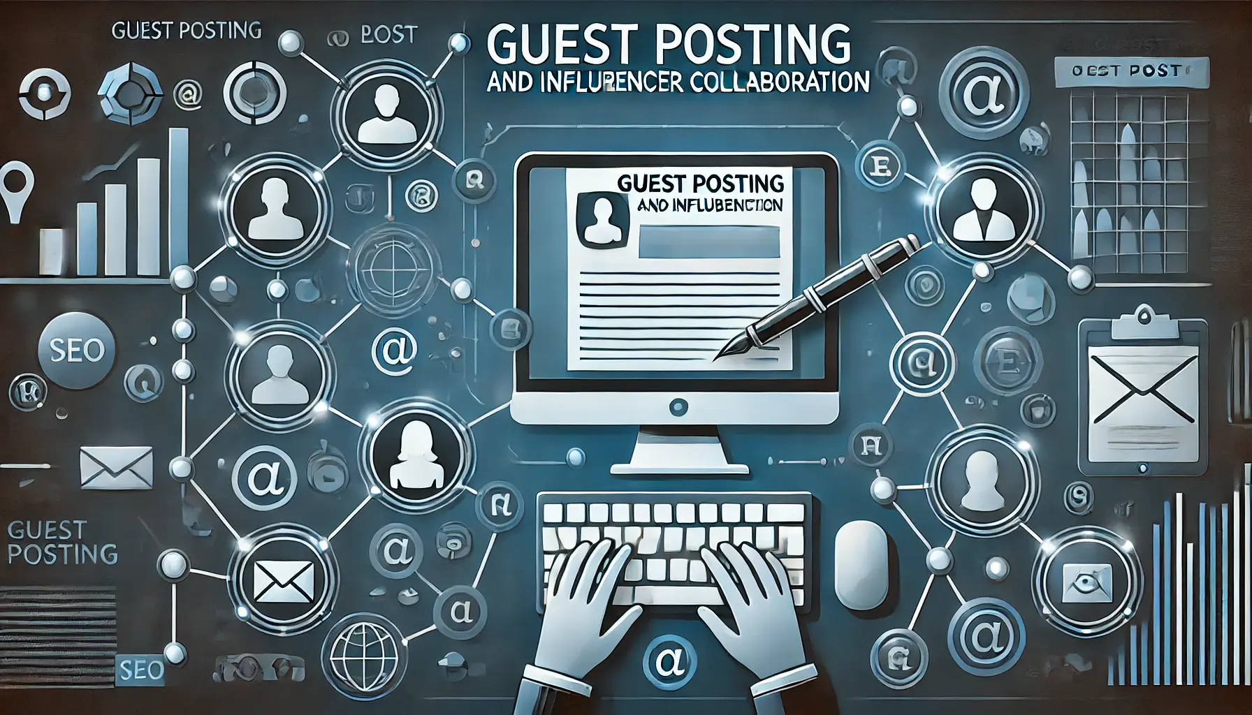 A computer screen showing a blog post being written with connections to other influencers or bloggers, with symbols like network nodes, social media icons, and collaboration tools representing guest posting and influencer partnerships.