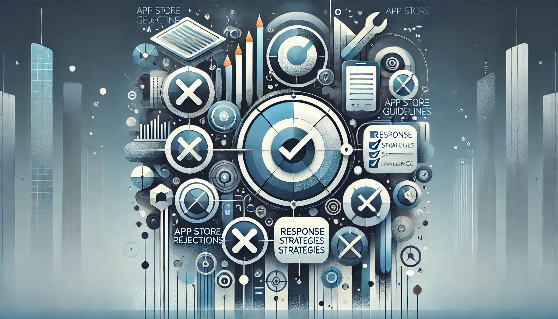 Abstract representation of handling app store rejections, featuring symbols of problem-solving, resilience, and compliance.