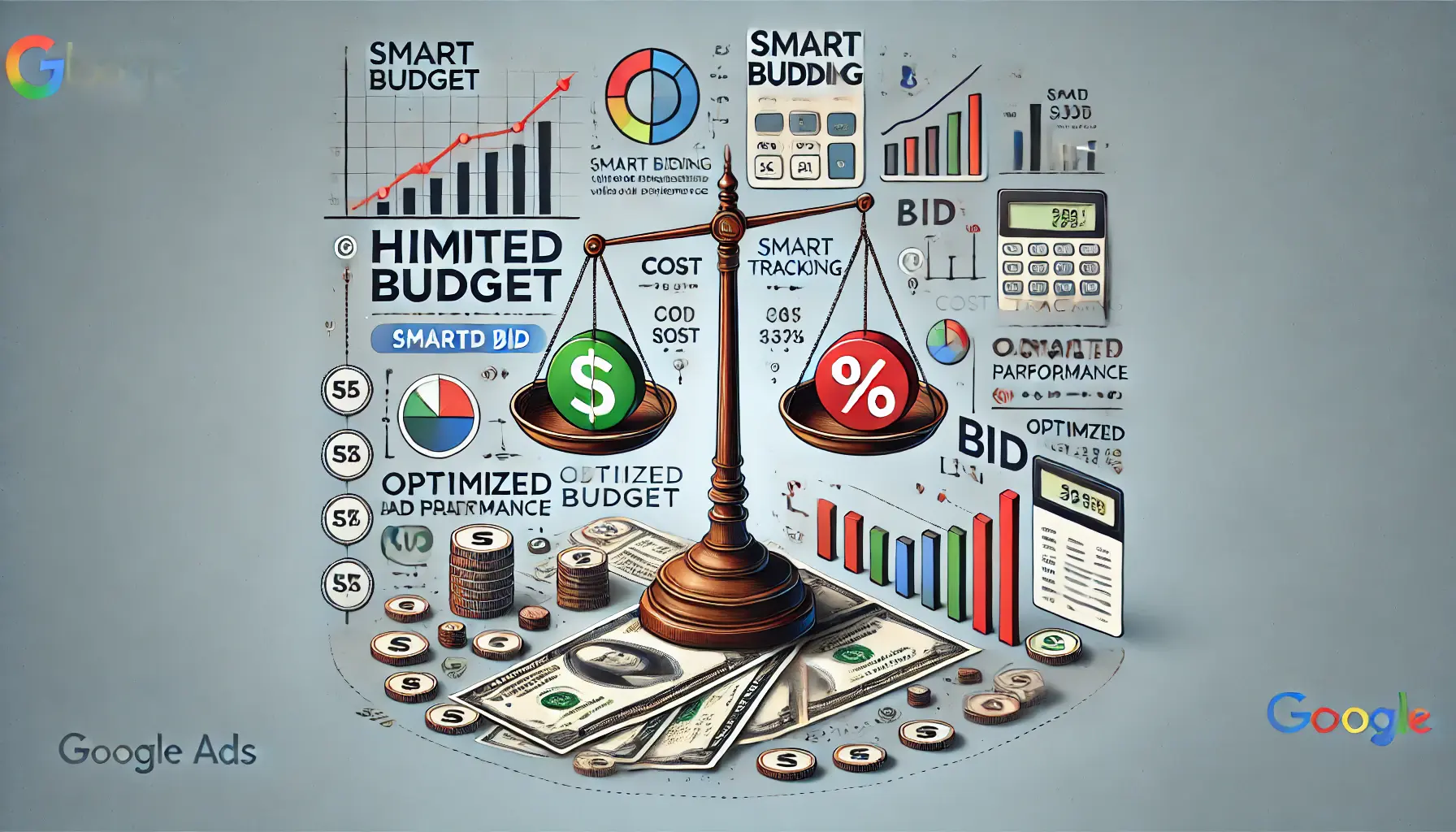 Illustration of handling budget constraints in Smart Bidding, showing limited budget icons, cost tracking graphs, and optimized bid adjustments.