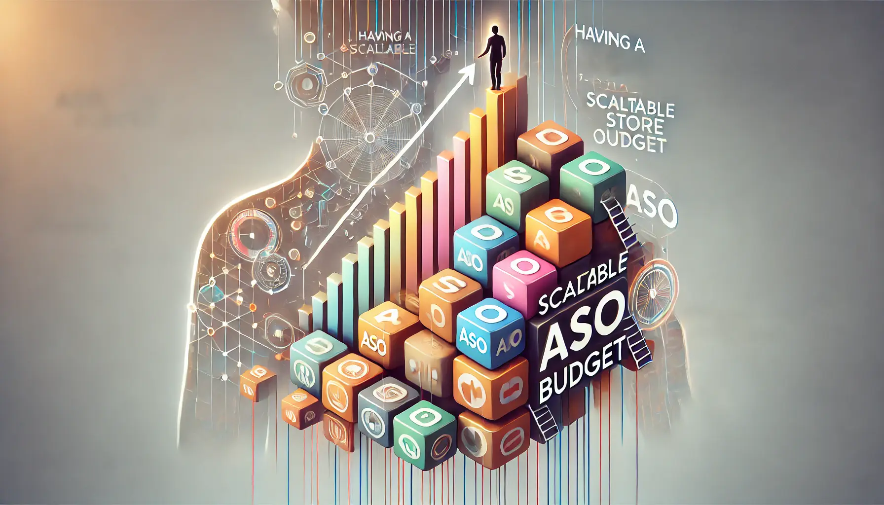 Abstract image symbolizing scalability in ASO budgeting with visuals of a growing graph, staircase leading upwards, and interconnected blocks.