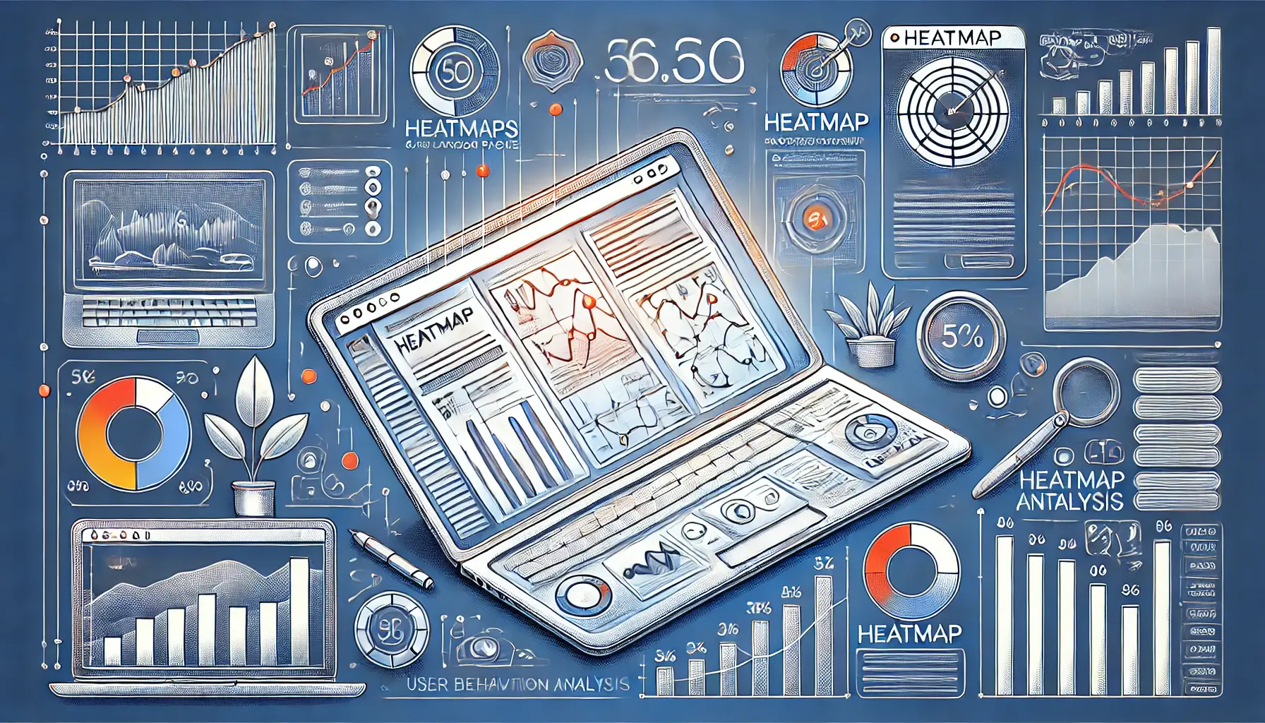 Illustration of a landing page with a heatmap overlay, showing areas of high user interaction and engagement.