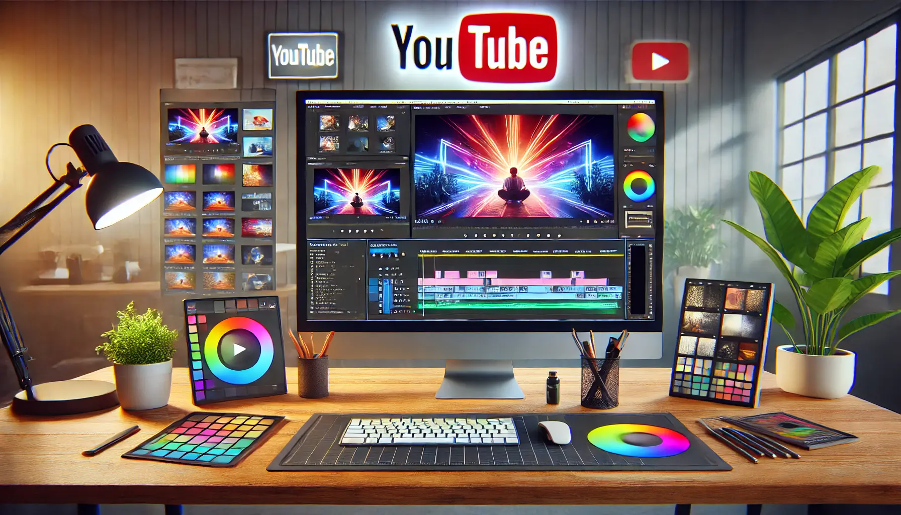 Professional video editing setup showing high-quality ad creation with vibrant visuals and design tools.