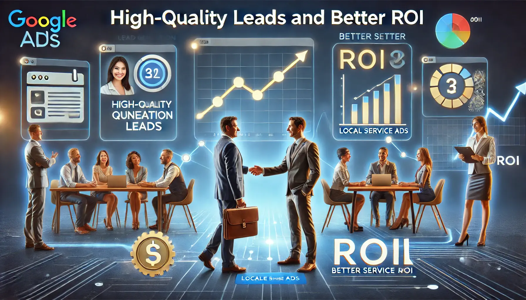 An image of a digital dashboard showing lead generation metrics, satisfied customers, and an ROI graph with upward trends, representing high-quality leads and better ROI through Google Ads' Local Service Ads.