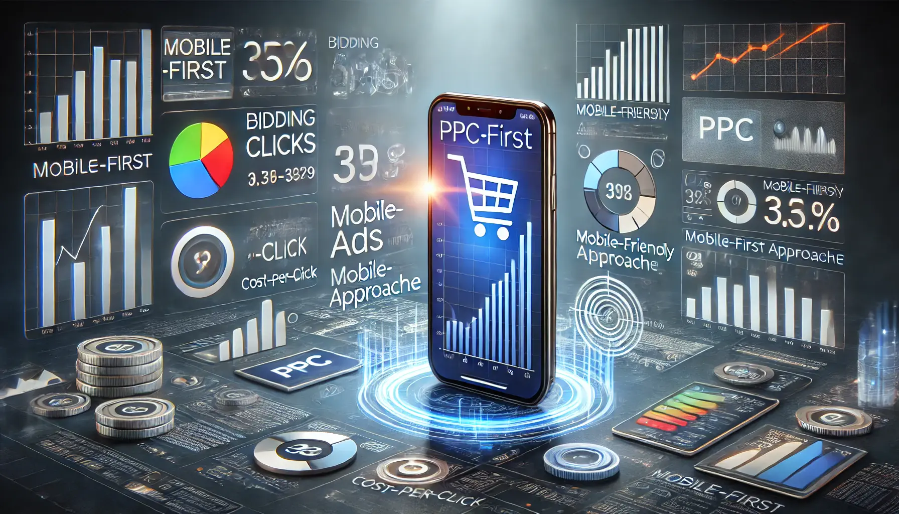 A smartphone displaying PPC ad elements like bidding options, mobile-friendly ads, and analytics charts, representing mobile-first PPC strategies