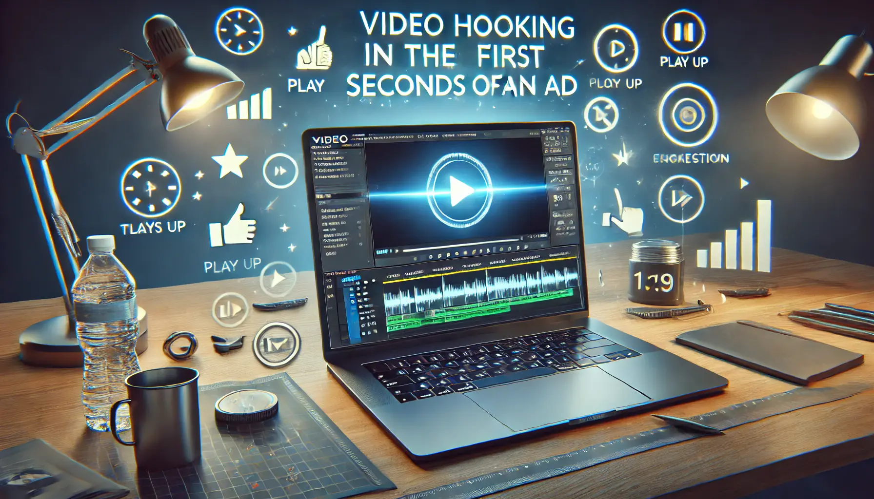 Video editing workspace with a laptop showing the start of a video ad timeline and icons representing engagement, symbolizing viewer interest capture.