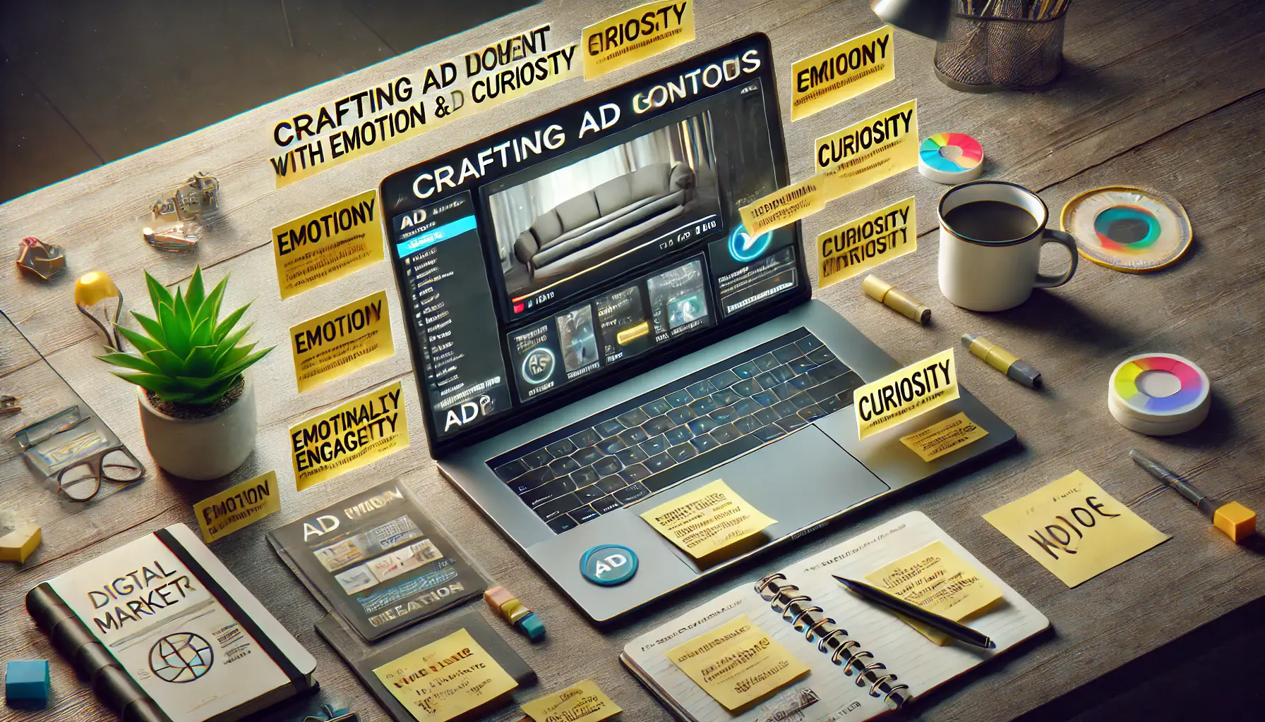 A creative workspace with a laptop displaying an ad focused on emotional engagement, surrounded by notes on evoking curiosity.