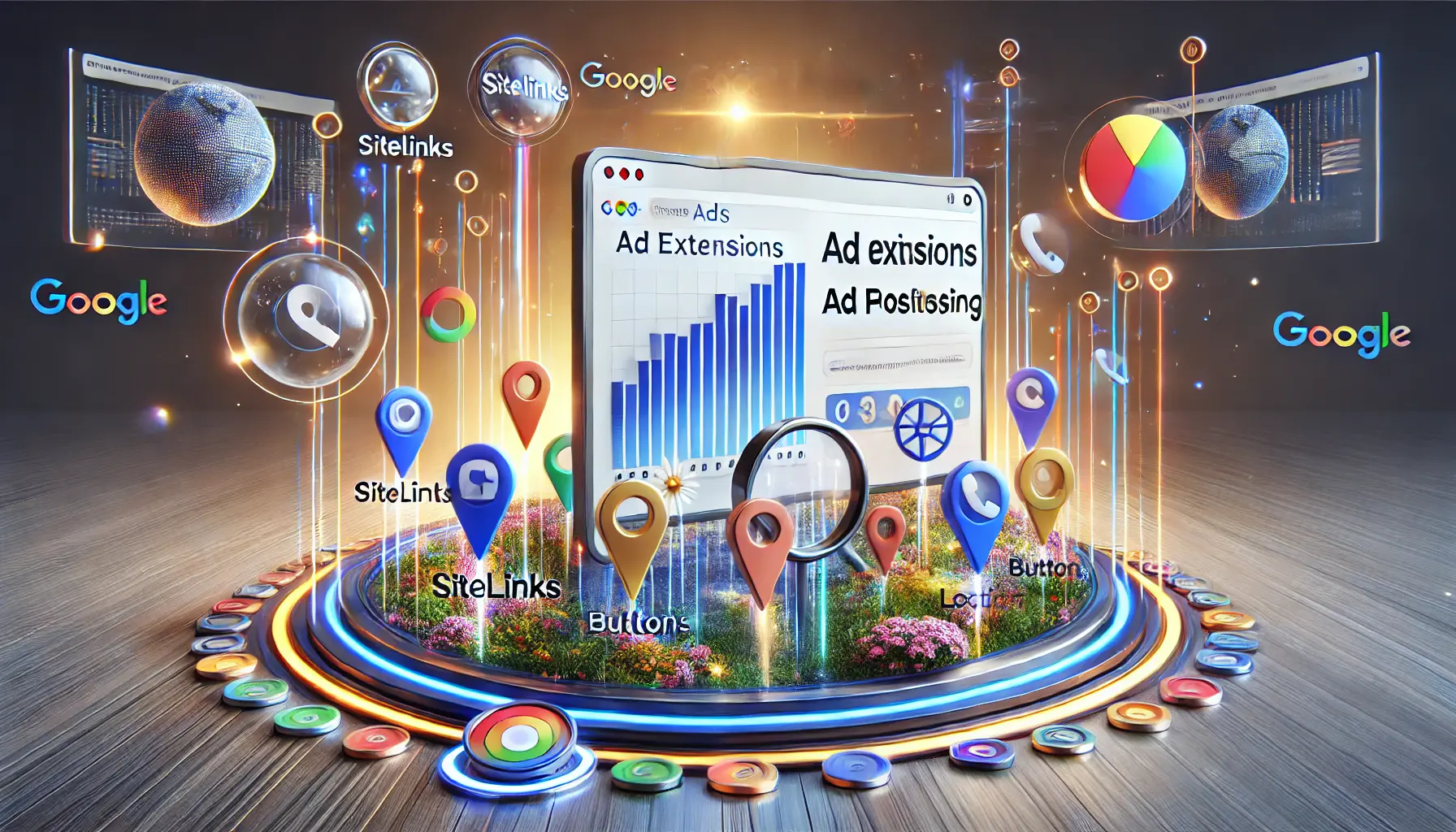 A Google Ads dashboard displaying ad performance metrics influenced by ad extensions like sitelinks, call buttons, and location markers, with abstract elements symbolizing enhanced visibility and higher rankings.